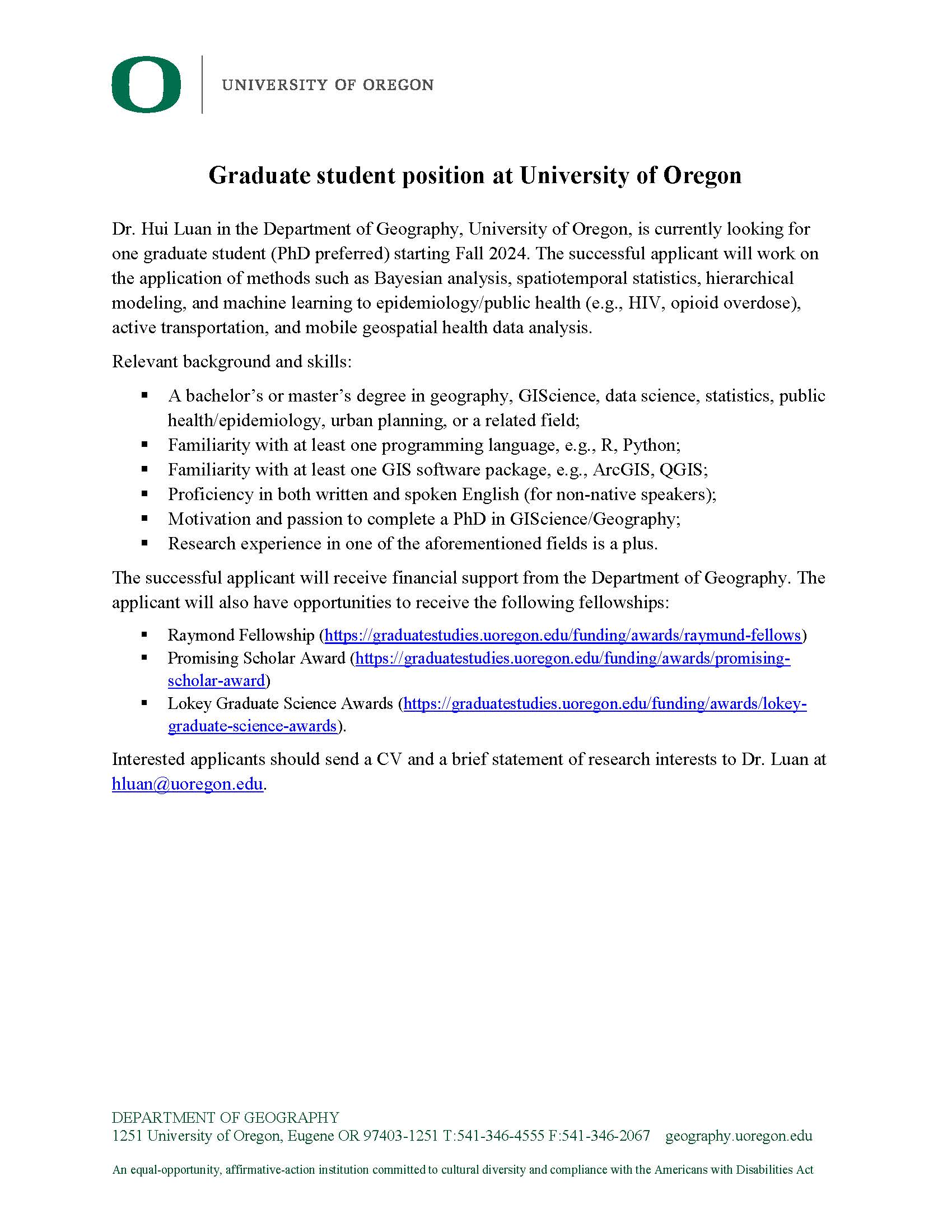 Graduate student position for Fall 2024 Hui LuanUO